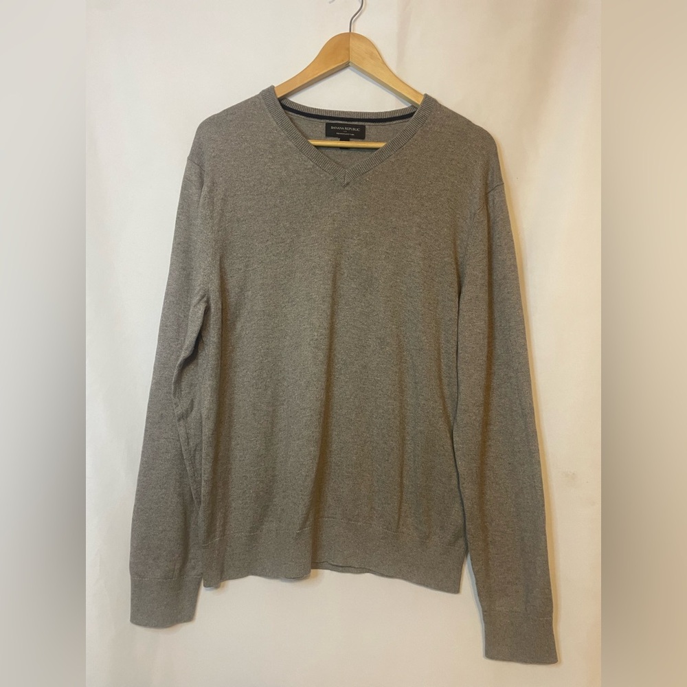 Banana Republic Mens Sweater Large Taupe V Neck Knit Pullover D045